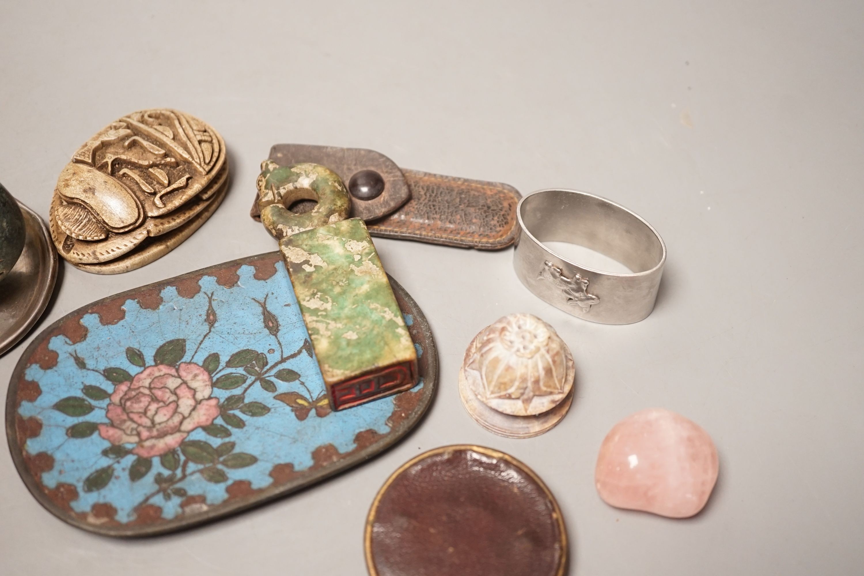 A group of miscellaneous objects to include Chinese coins, Brevete case, blue enamel plate, 12cm, and other items